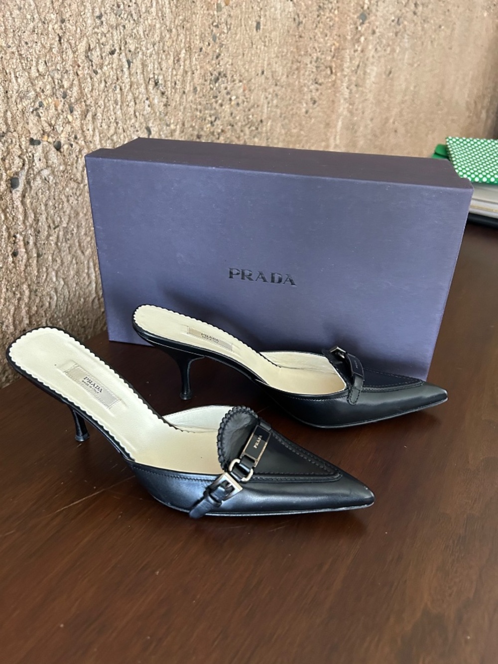 Prada Black Leather Pointed Toe Mules Heels 36.5 / US 6.5 - Picture 4 of 15